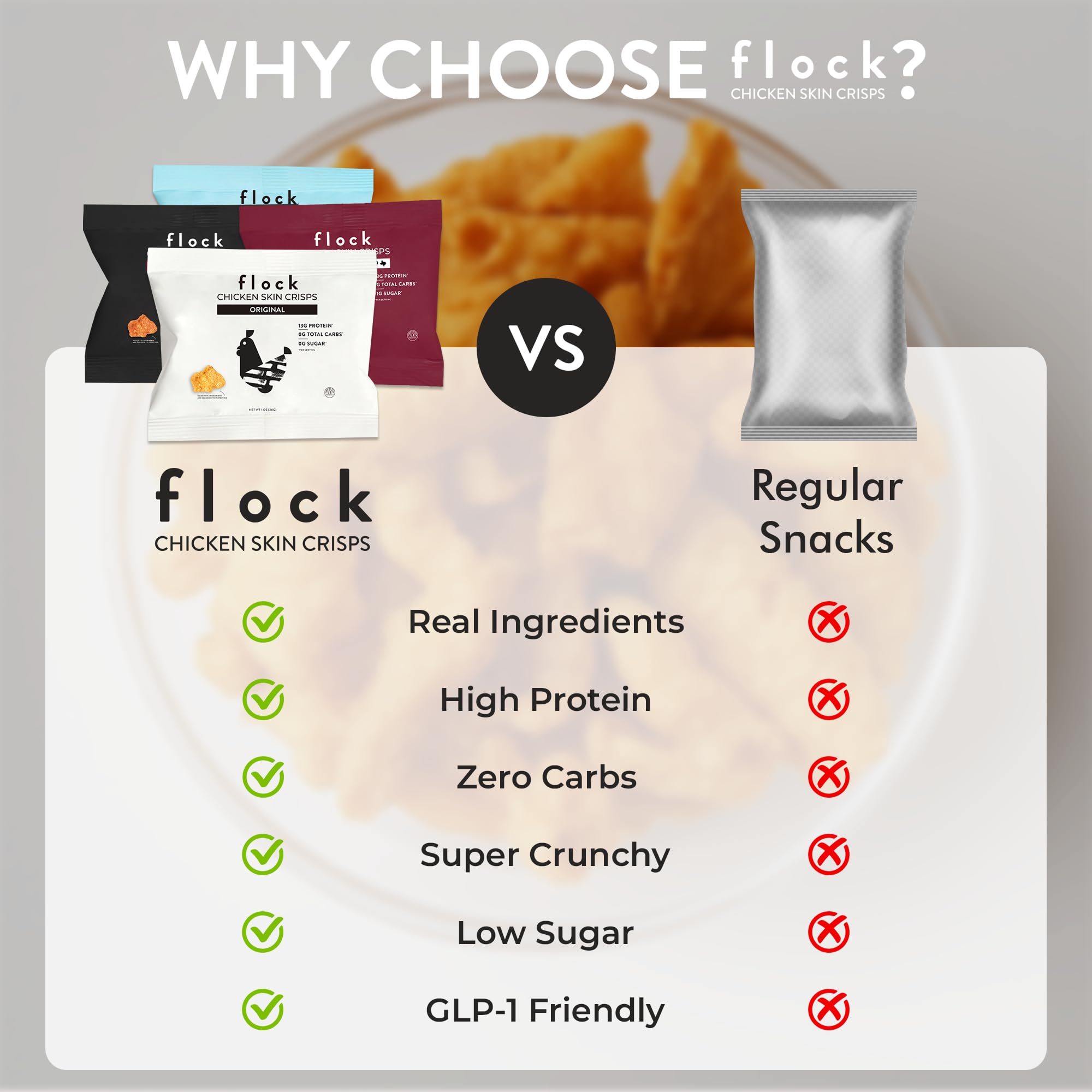 Flock Keto Chicken Skin Chips Crispy bowl-dips closeup, versatile snacking option.