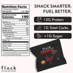 Flock packaging shows Nashville Hot chicken skin chips for on-the-go snacking.