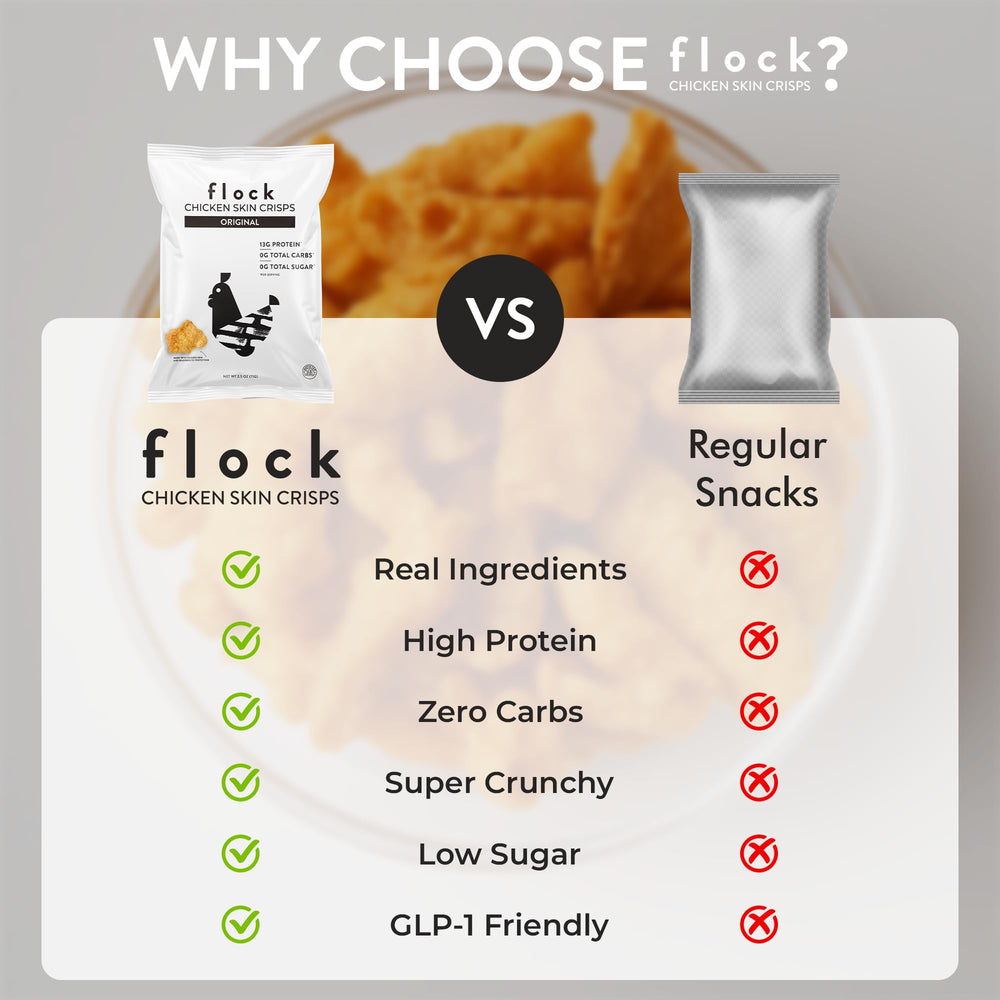 Flock Keto Chicken Skin Chips plated with veggies, showcases simple ingredients.