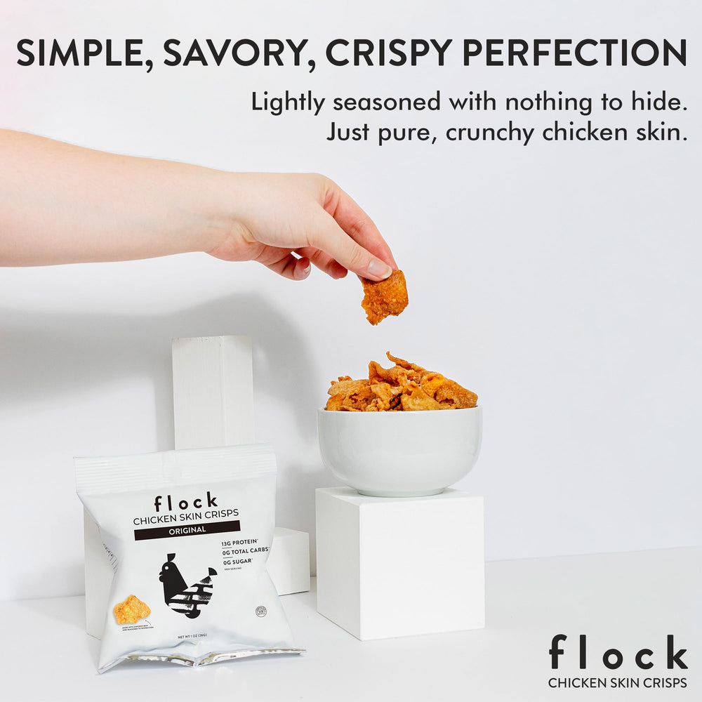 Flock Keto Chicken Skin Chips ready for dipping, ideal with dips.