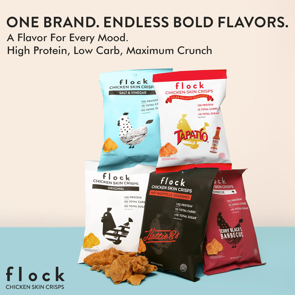 Flock Keto Chicken Skin Chips original flavor highlights high-protein, zero-carb profile.