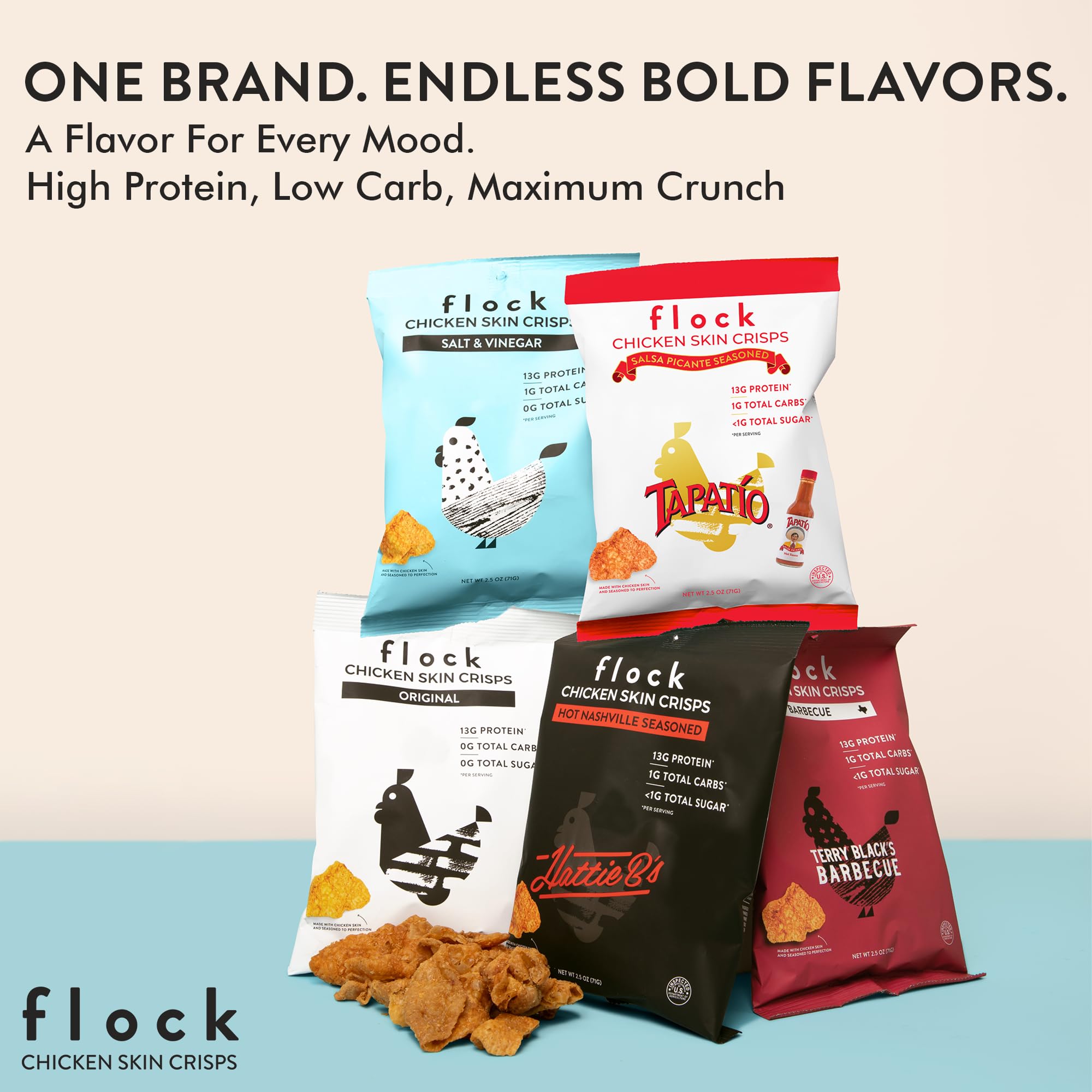 Flock Keto Chicken Skin Chips Variety Pack ready closeup, convenient multi-flavor choice.