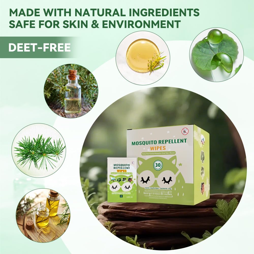 FLODTEEK natural oil blend mosquito wipes highlight peppermint aroma for outdoor protection.