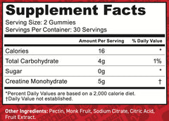 FloHydro Creatine Gummies bottle back label showing 5g per 2 gummies.