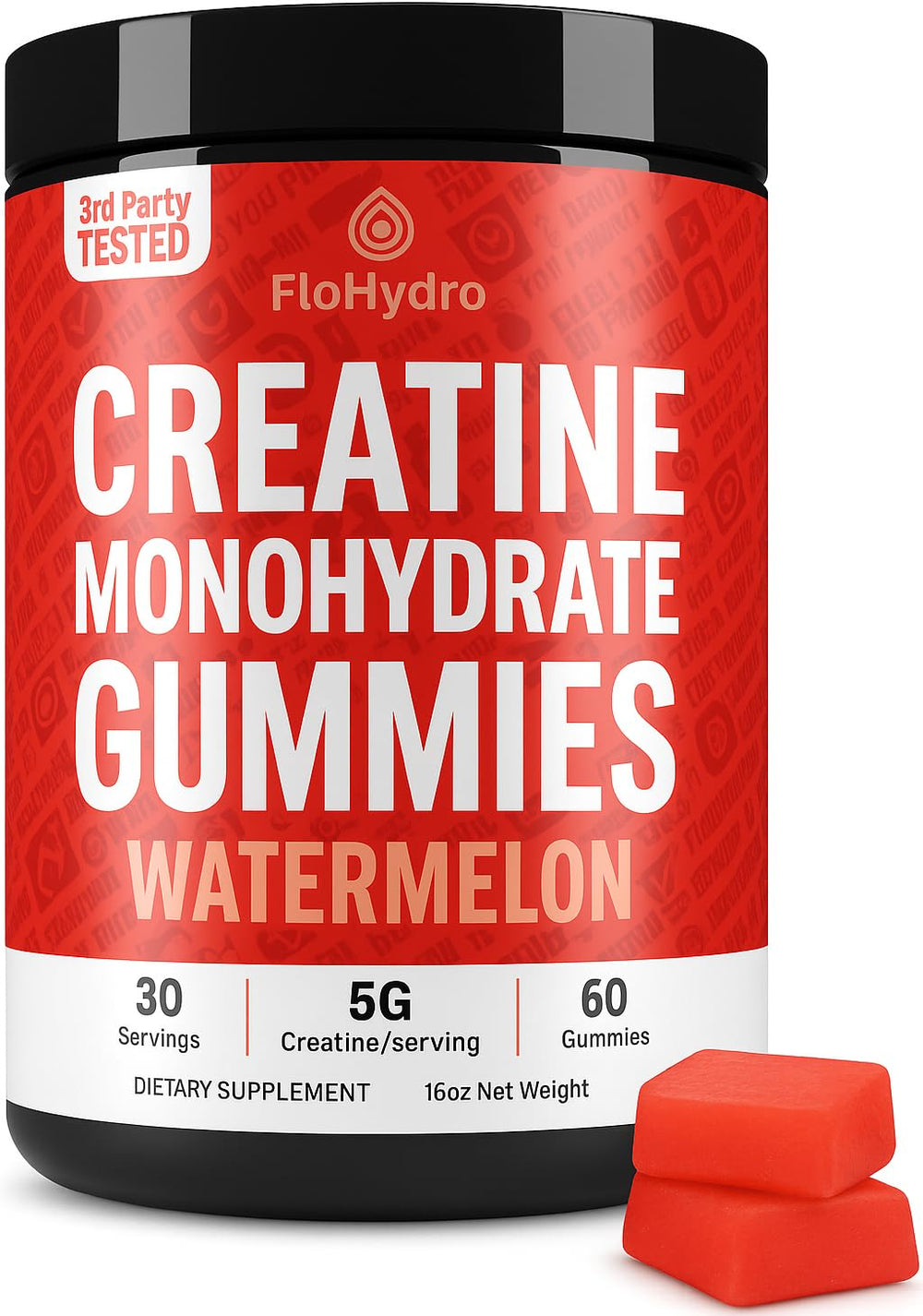 FloHydro Creatine Gummies bottle front view for convenient daily performance support.
