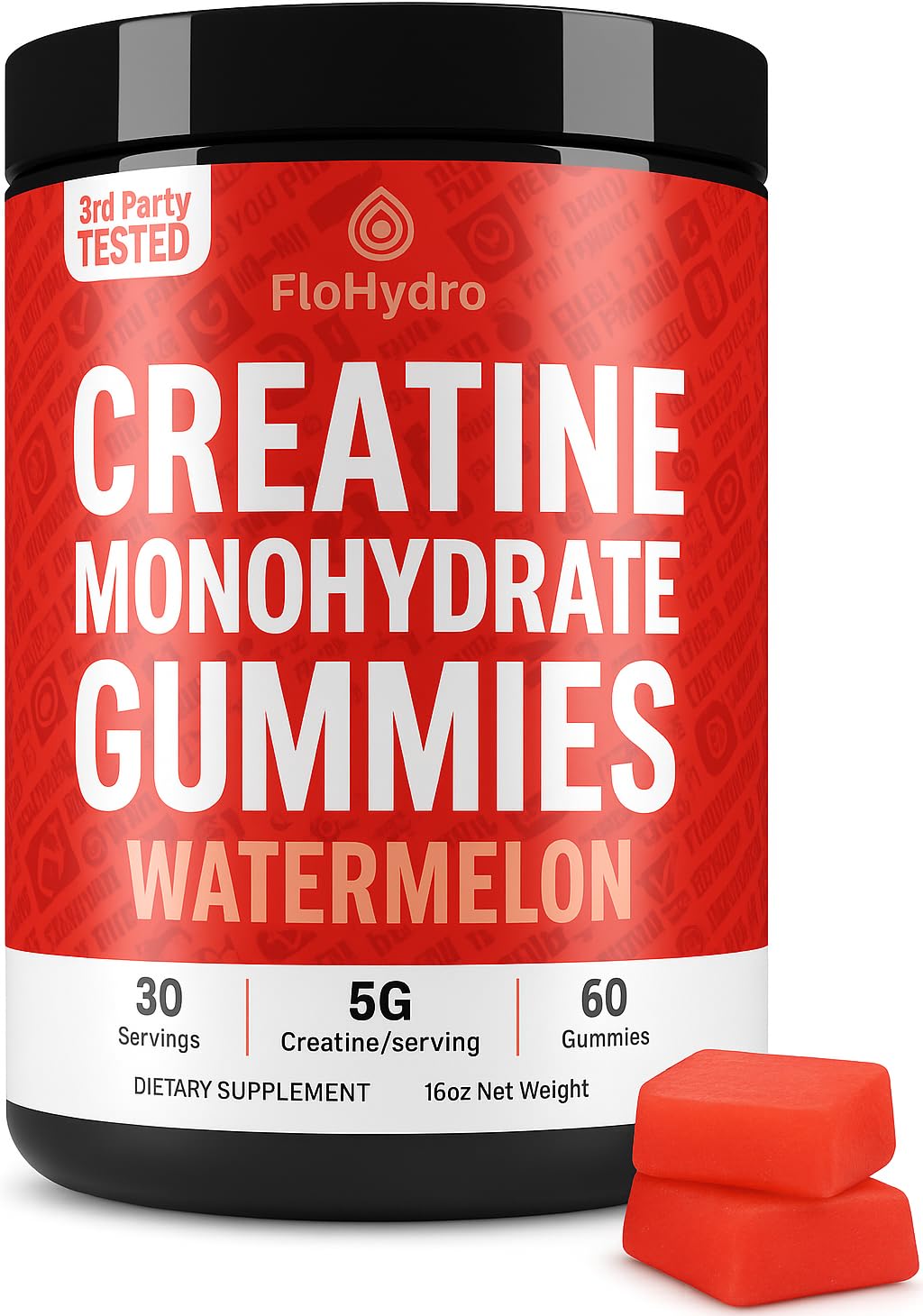 FloHydro Creatine Gummies bottle front view for convenient daily performance support.