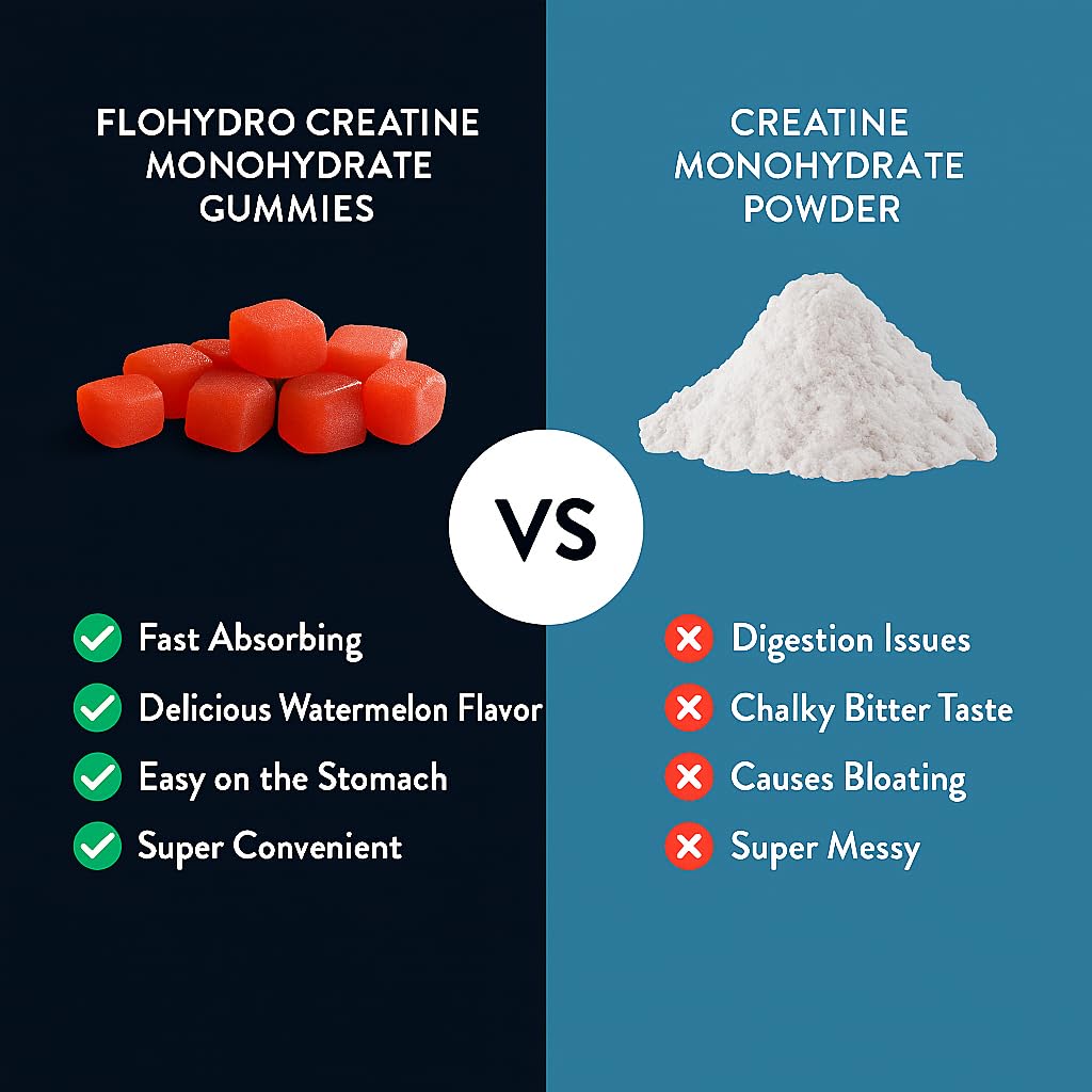 Serving size panel shows two FloHydro gummies deliver 5g creatine per day.