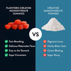 Serving size panel shows two FloHydro gummies deliver 5g creatine per day.