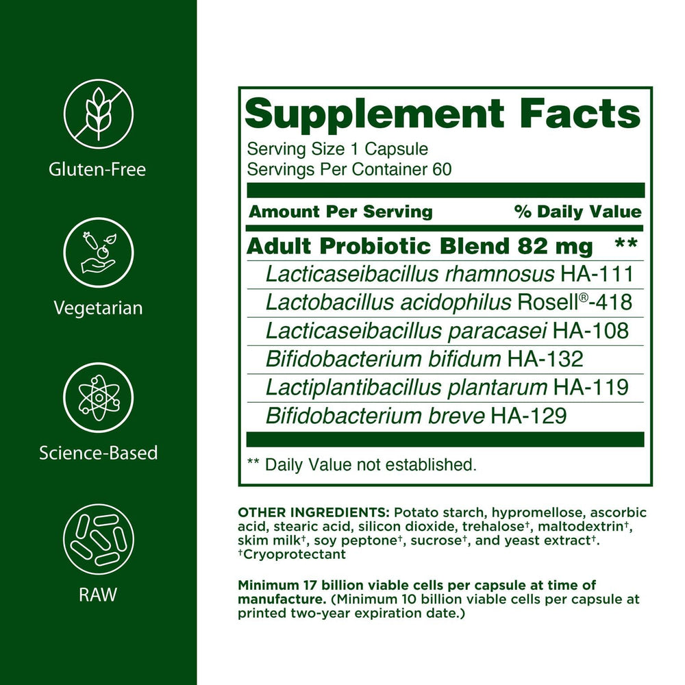 Flora Adult’s Probiotic bottle label highlights 17 billion CFU and six strains.