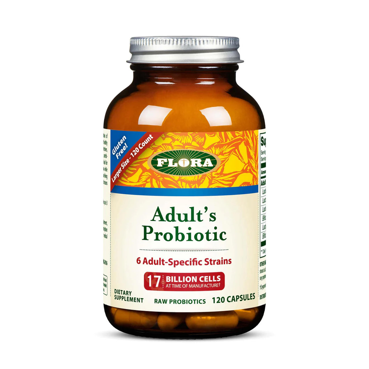 Flora Adults Probiotic bottle features six strains for daily gut balance.