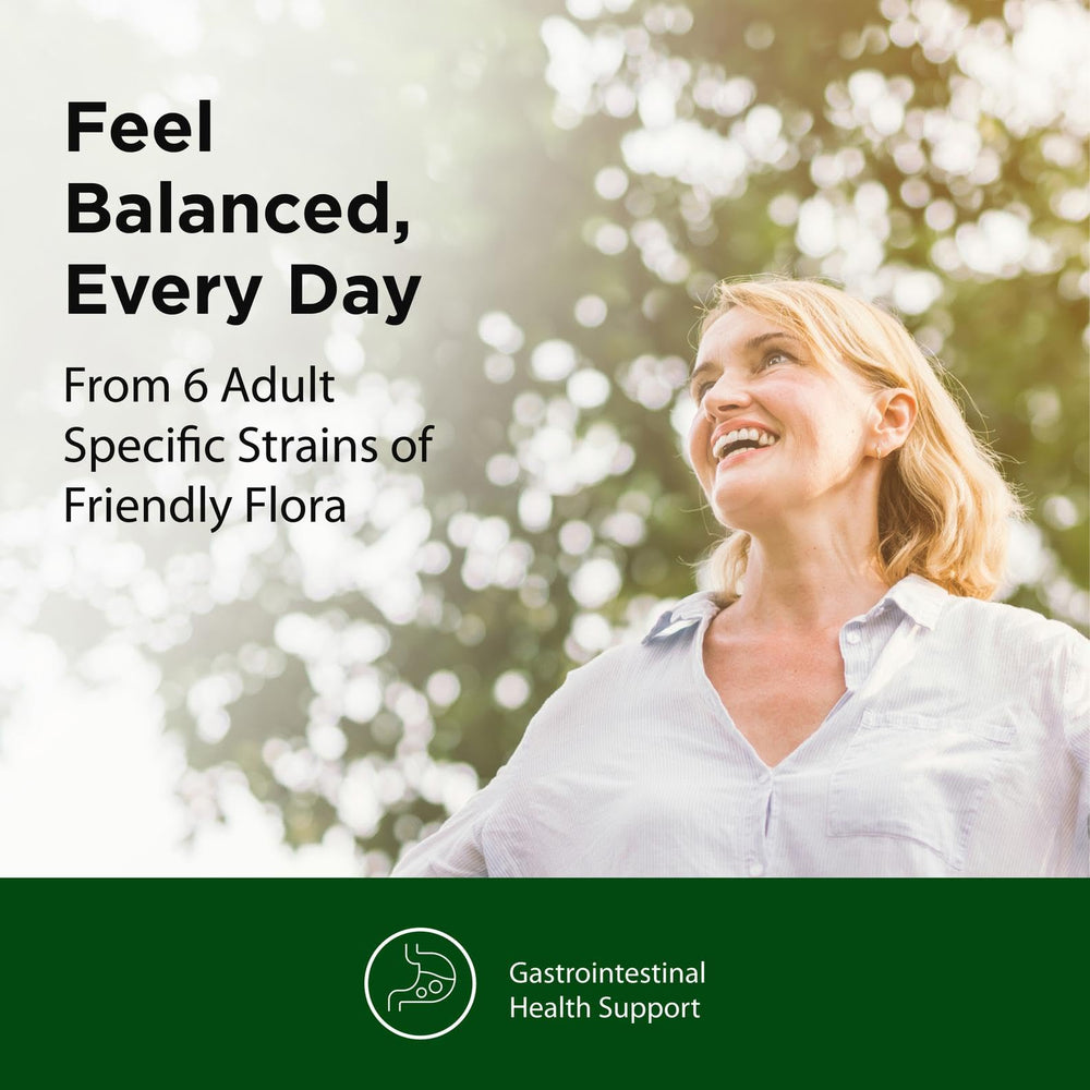 Flora Adult’s Probiotic capsules close-up shows vegetarian capsule for gentle digestion.