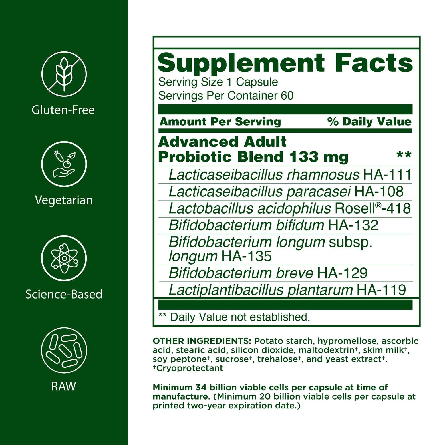 Flora Advanced Adult Probiotic capsules close-up highlighting senior-focused strains.
