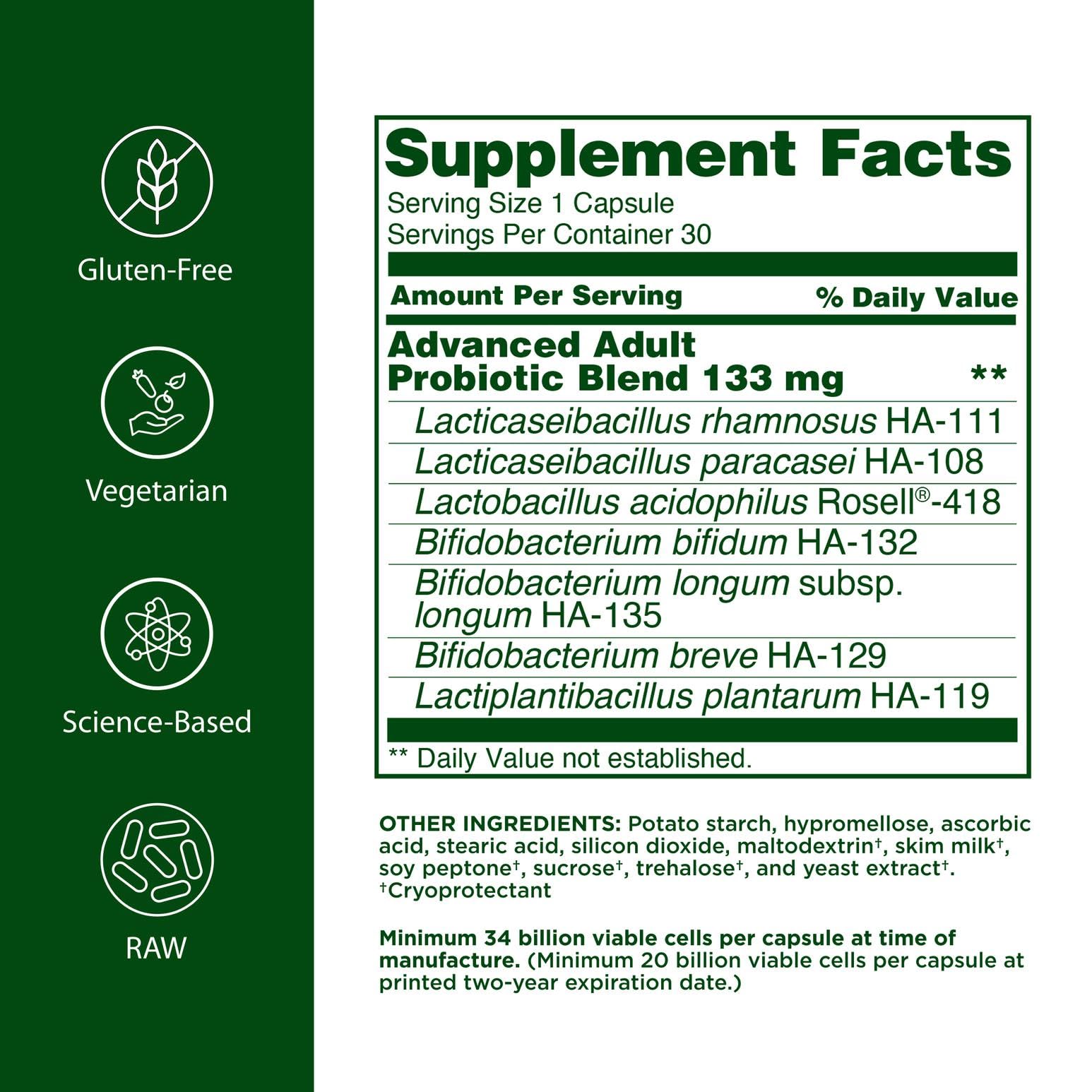 Flora Advanced Adult Probiotic capsules close up for daily digestive comfort.