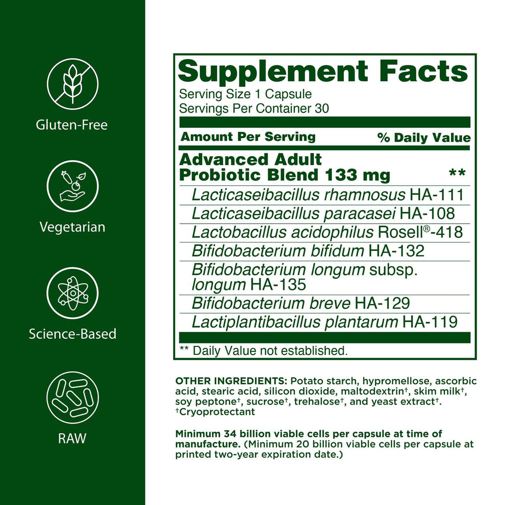 Flora Advanced Adult Probiotic capsules close up for daily digestive comfort.