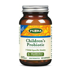 Flora Children’s Probiotic bottle front shows multistrain blend for kid digestion