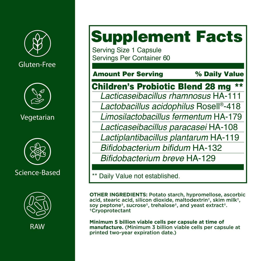 Flora Children’s Probiotic capsules closeup highlights 5 billion CFU per capsule