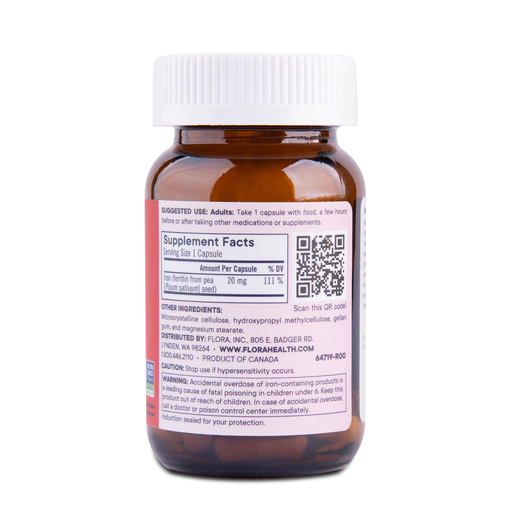 Flora Ferritin+ amber bottle protecting iron supplement potency.