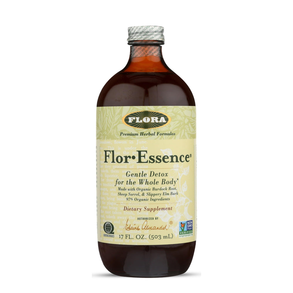 Flora Flor-Essence bottle on the counter supports daily wellness with an ancient herbal blend.