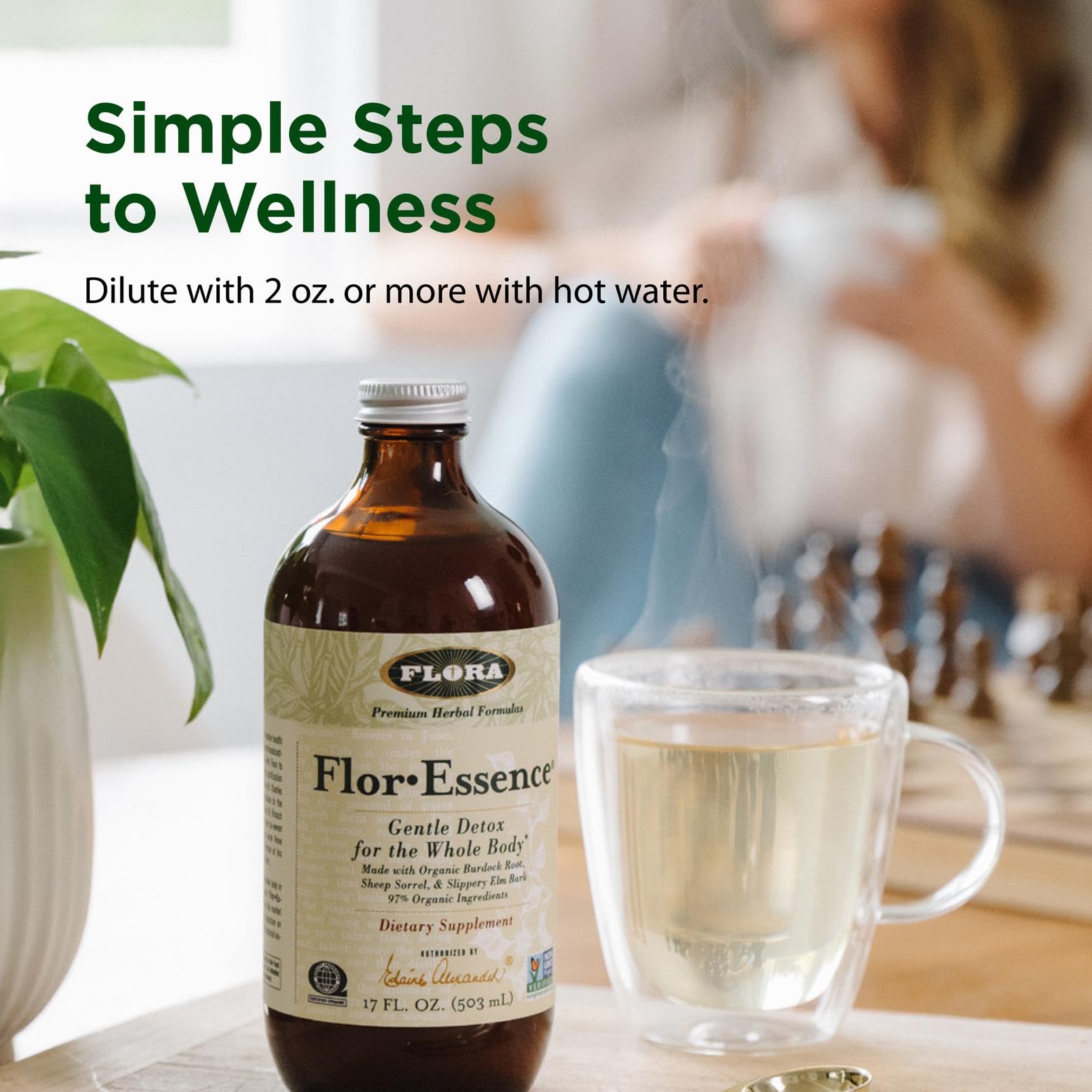 A warm cup of Flor-Essence tea for a mindful morning ritual.