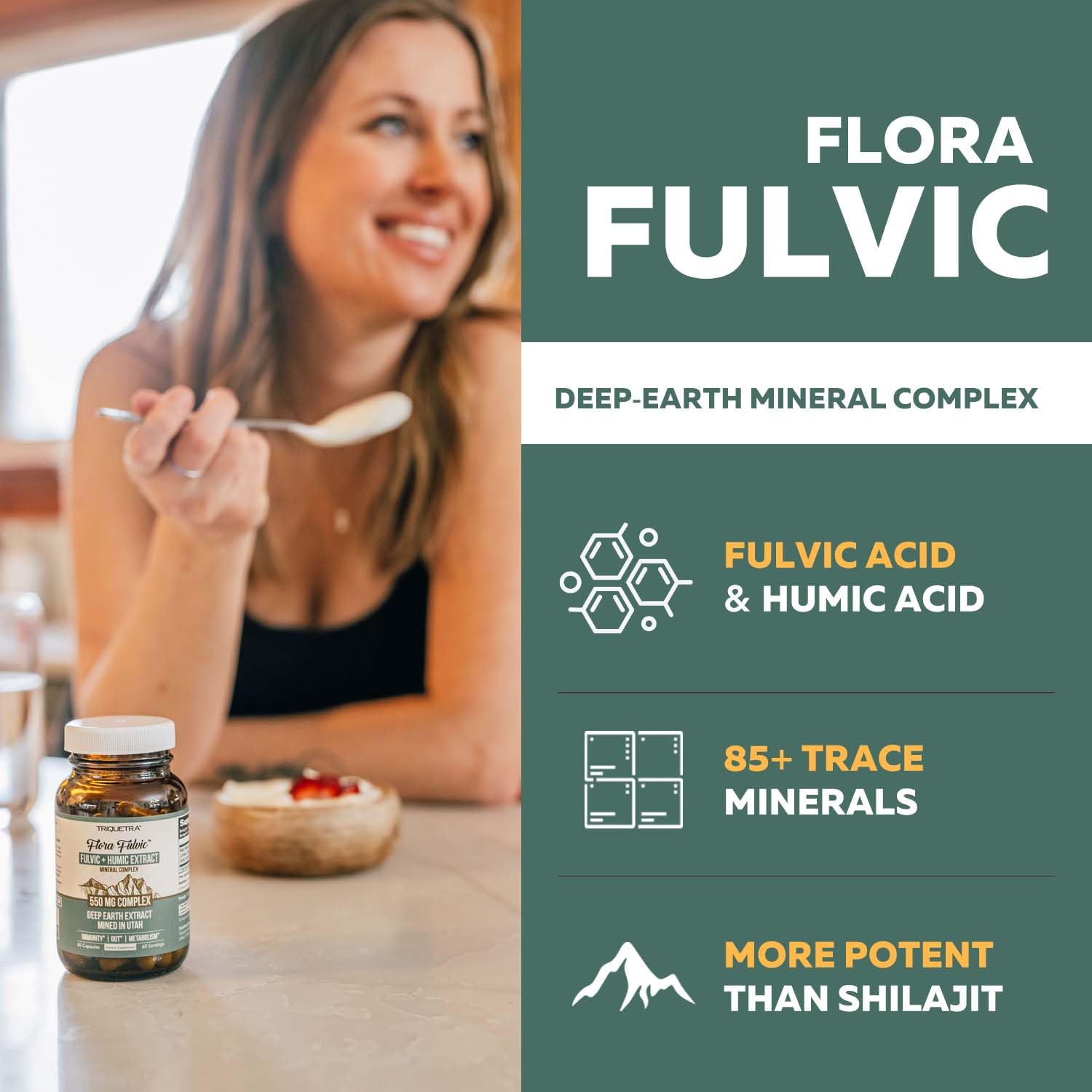Flora Fulvic bottle label shows vegan, gluten-free minerals for gut health