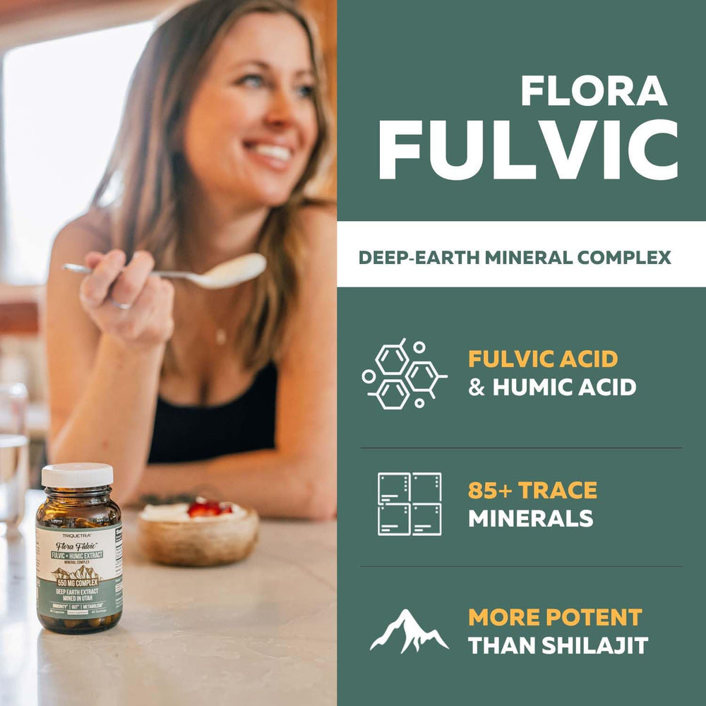 Flora Fulvic bottle label shows vegan, gluten-free minerals for gut health