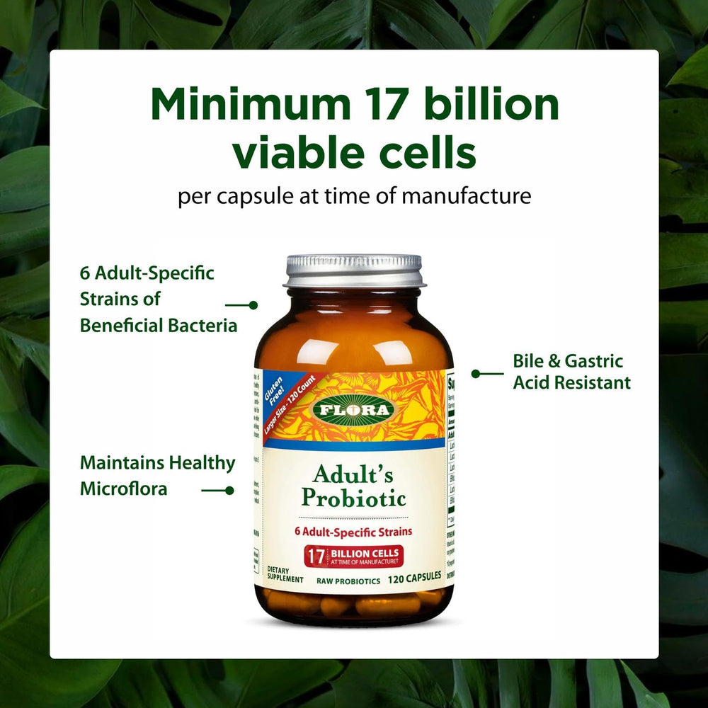 Flora gluten-free vegetarian raw probiotic label emphasizes clean, gut-friendly ingredients.