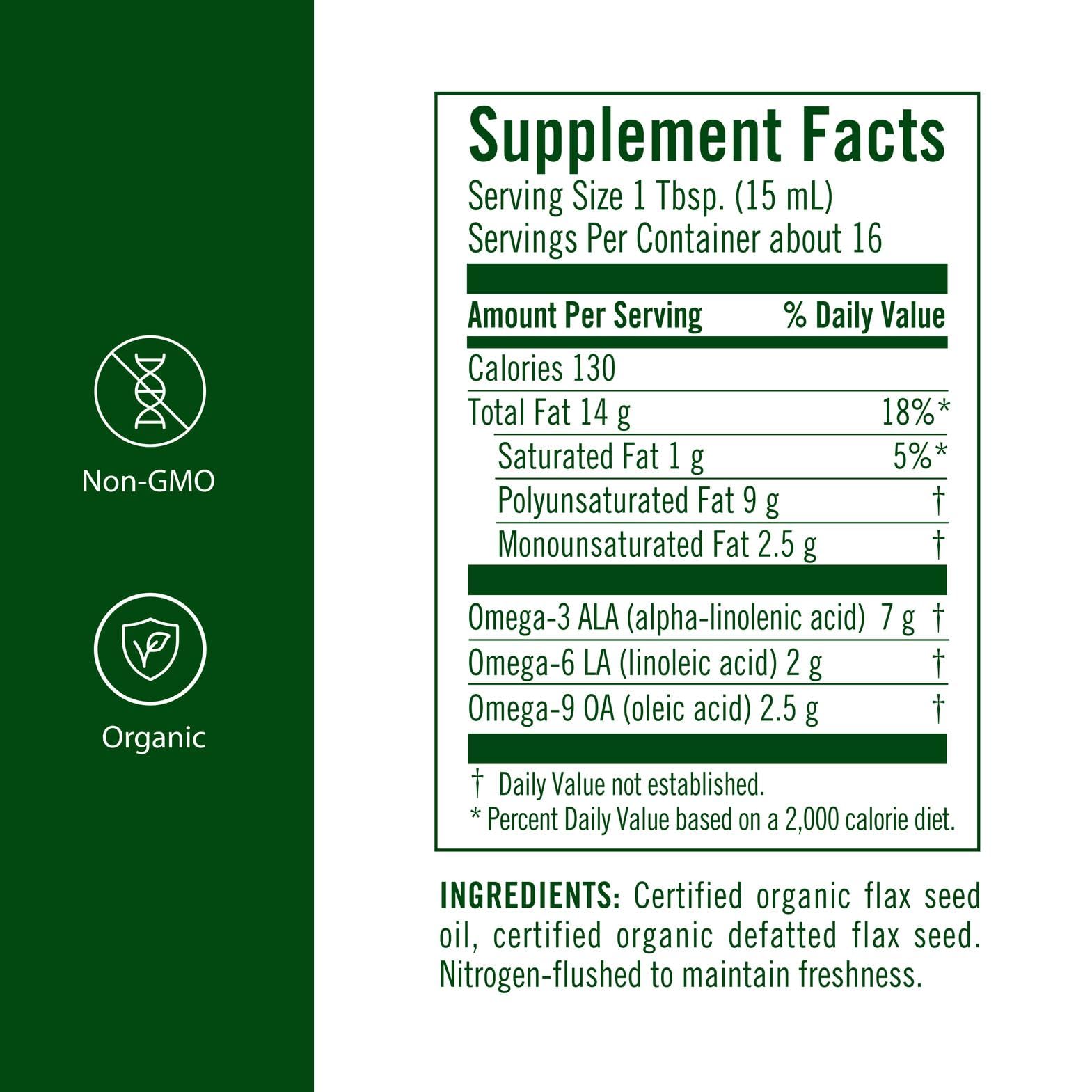 Flora High Lignan Flax Oil being poured, great for dressings or smoothies.