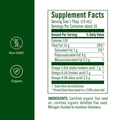 Flora High Lignan Flax Oil being poured, great for dressings or smoothies.