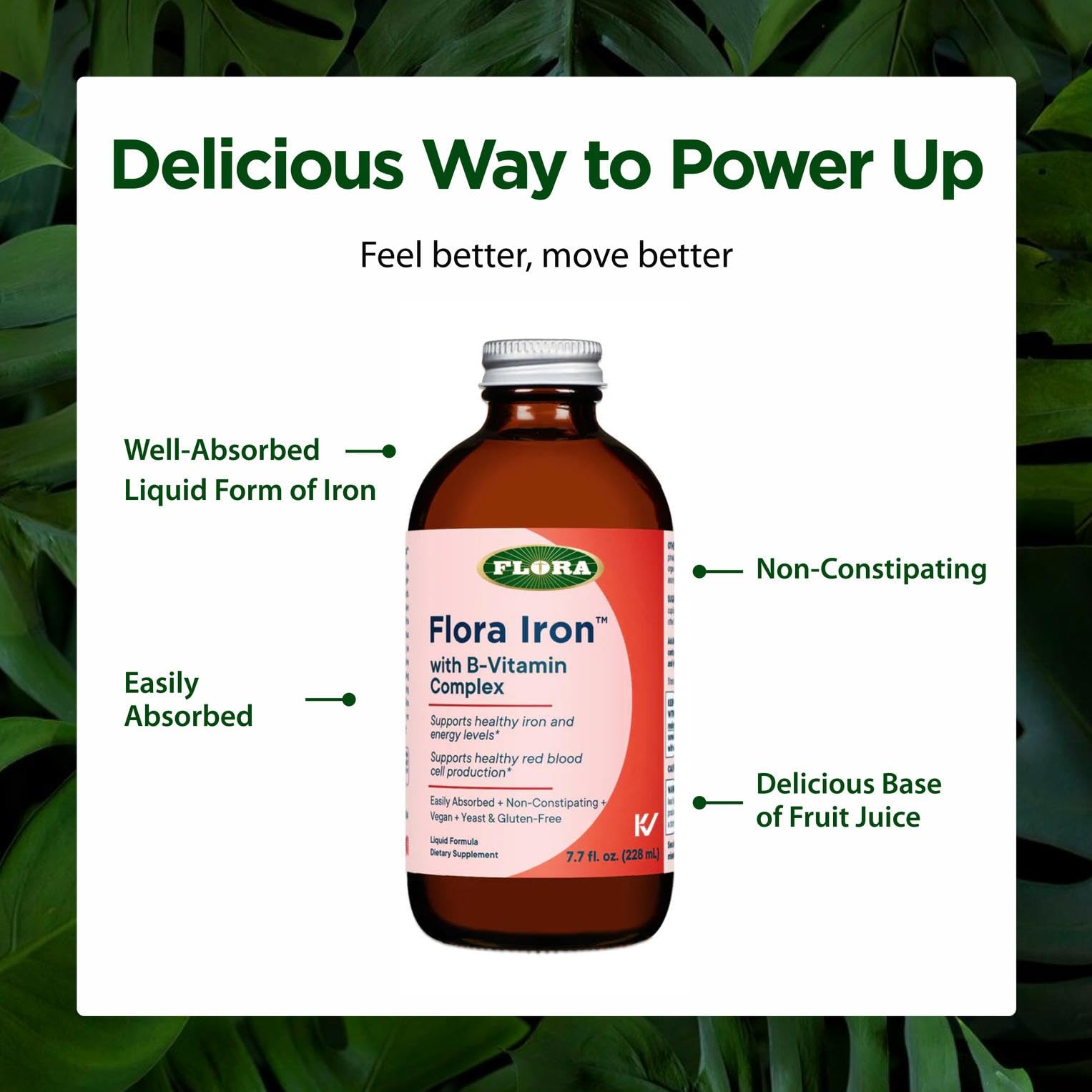 Closeup of Flora Iron label highlights vegan and gluten-free features