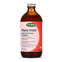 Flora Iron bottle front with clear liquid and label for energy support