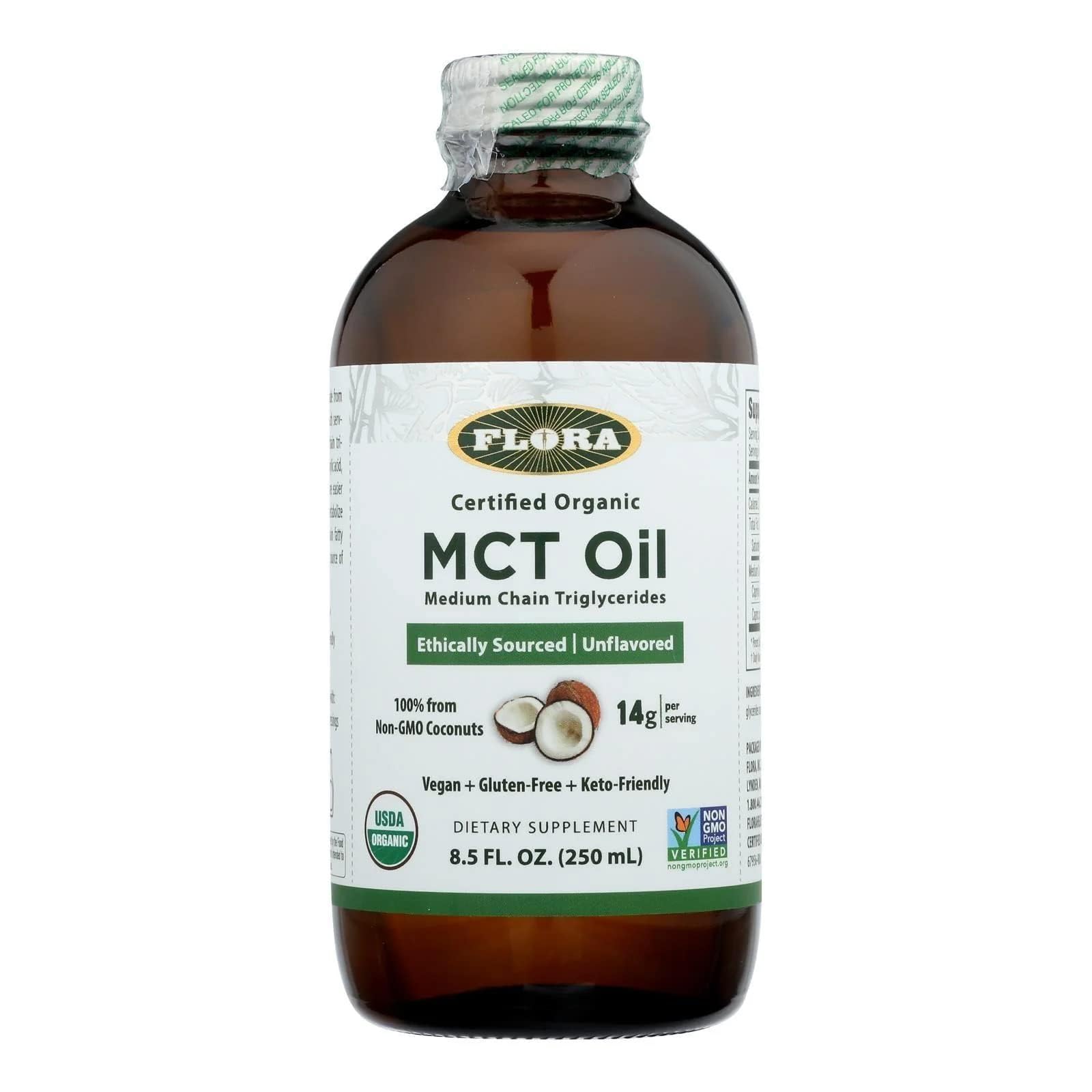 Flora MCT Oil bottle in glass showcases premium packaging for Keto-friendly use
