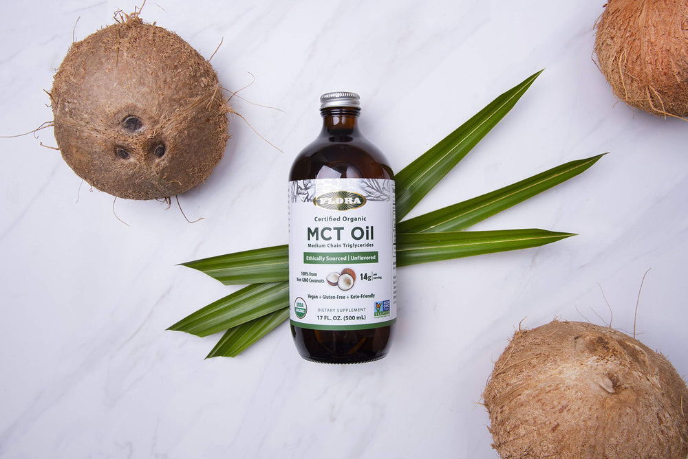 Flora MCT Oil coconut background evokes natural sourcing and sustainability