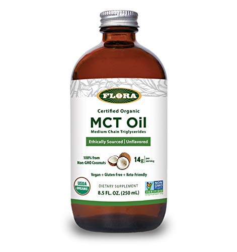 Flora MCT Oil glass bottle on a shelf communicates premium, solvent-free extraction