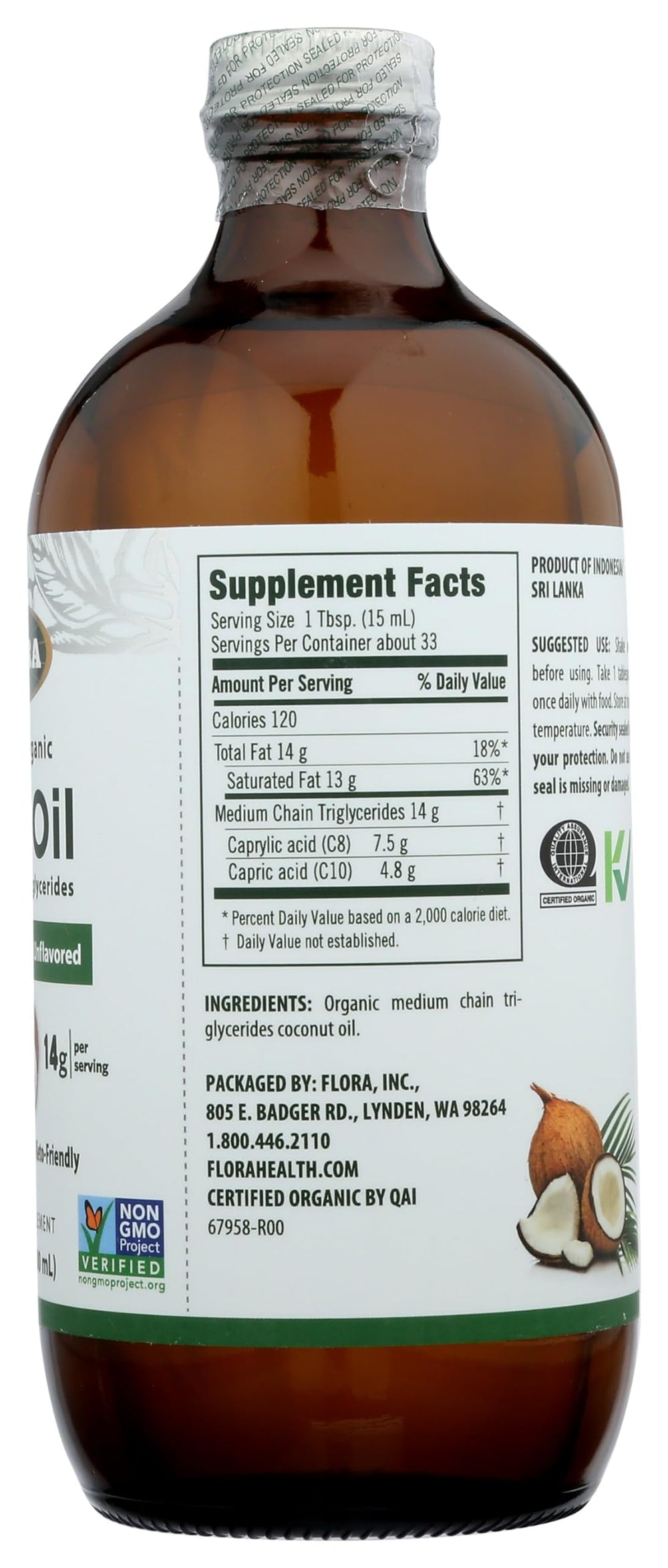 Flora MCT Oil label closeup emphasizes organic and non-GMO sourcing
