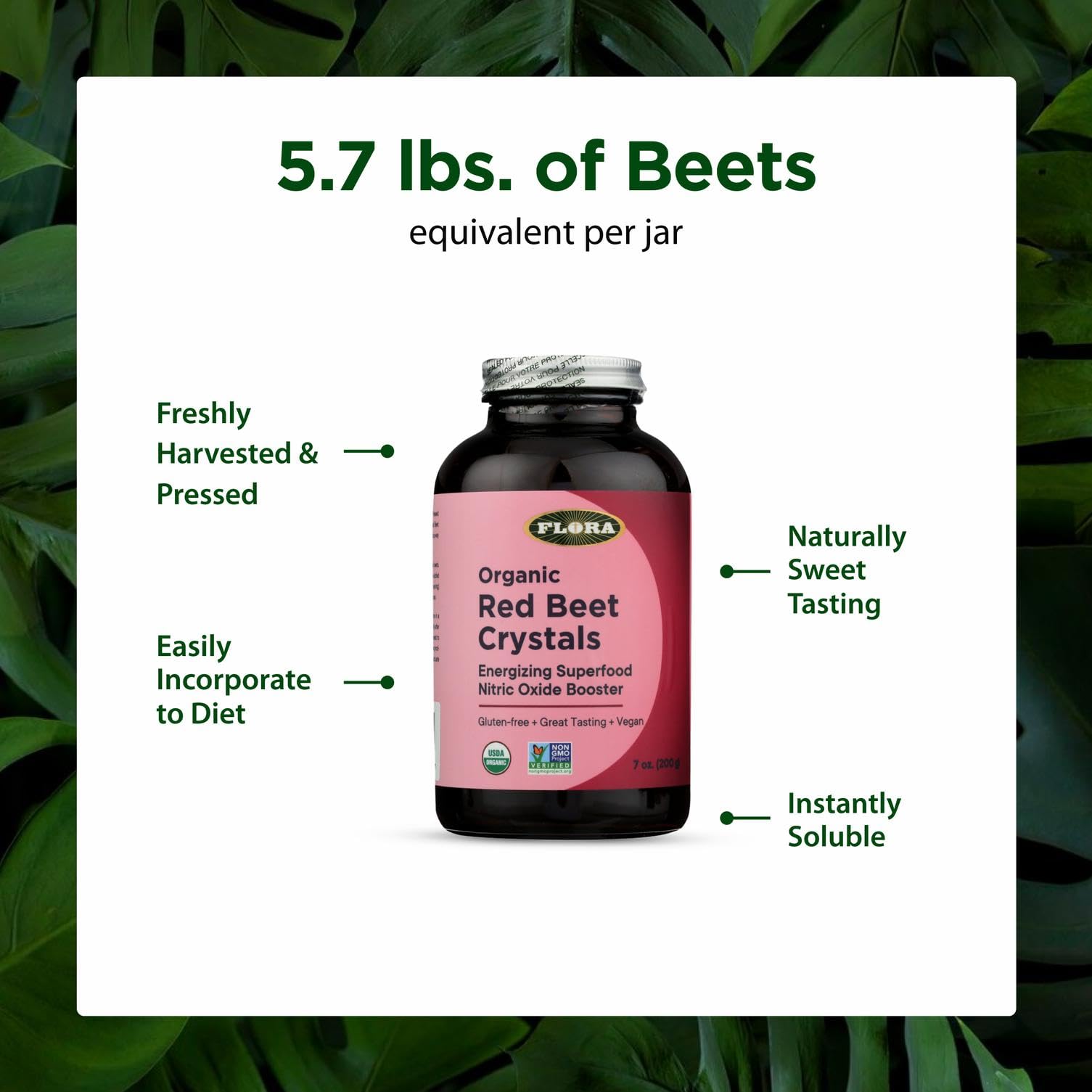 Flora Organic Red Beet Crystals jar highlights fresh beet origin for clean nutrition.
