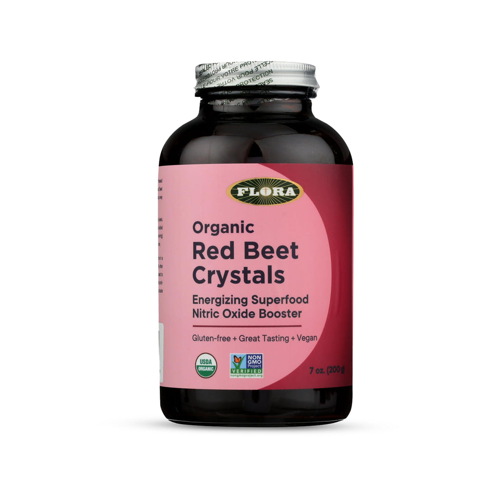 Flora Organic Red Beet Crystals jar, convenient daily supplement for natural energy.