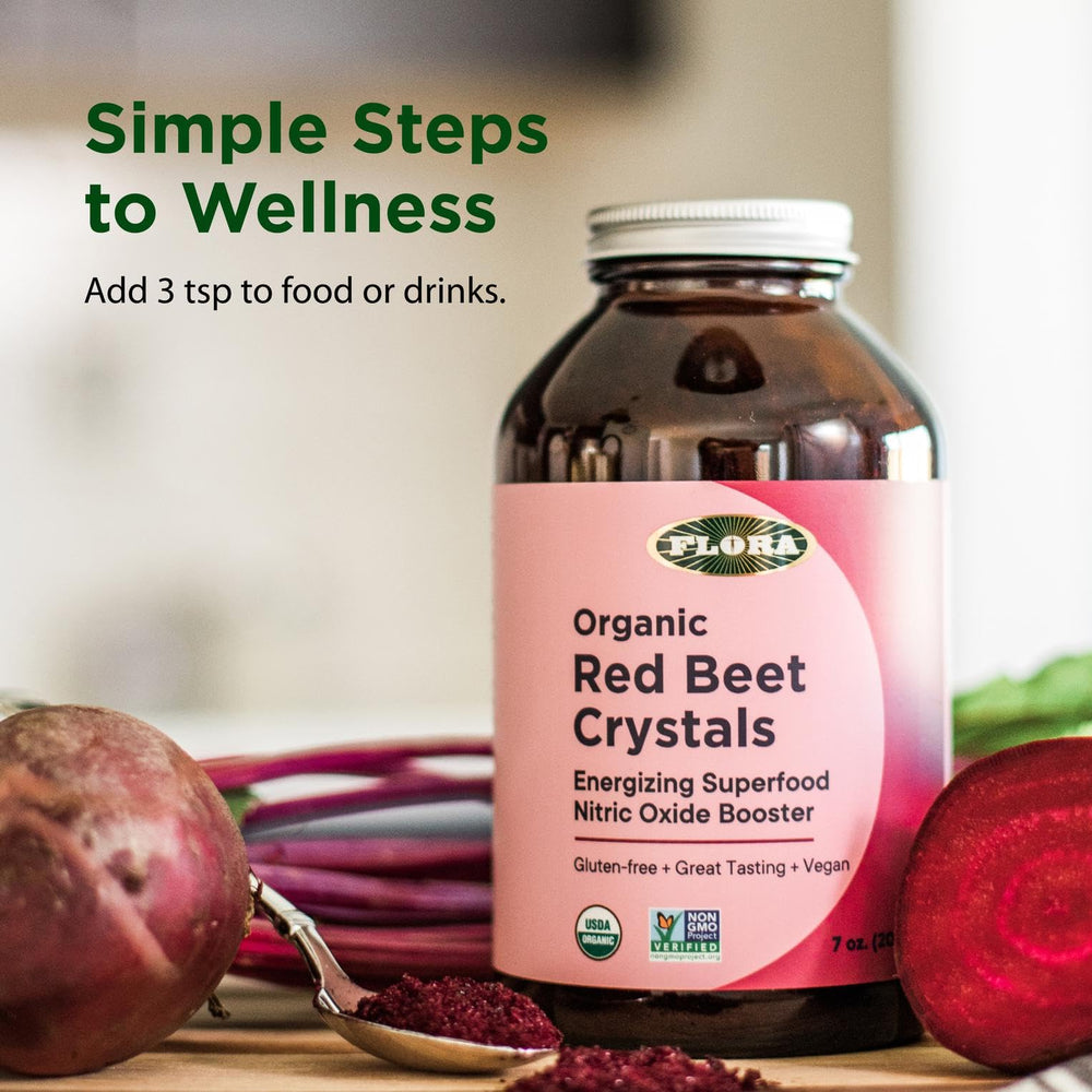 Flora Red Beet Crystals pour into a glass, offering a sugar-free energy option.