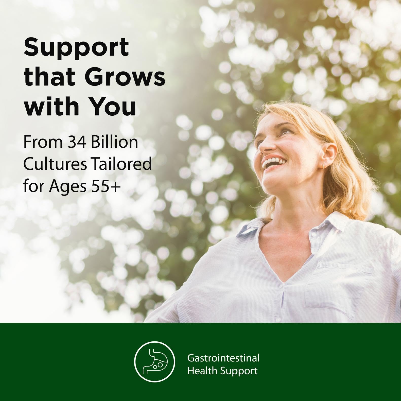 Flora seven strains gut health graphic indicating senior support.