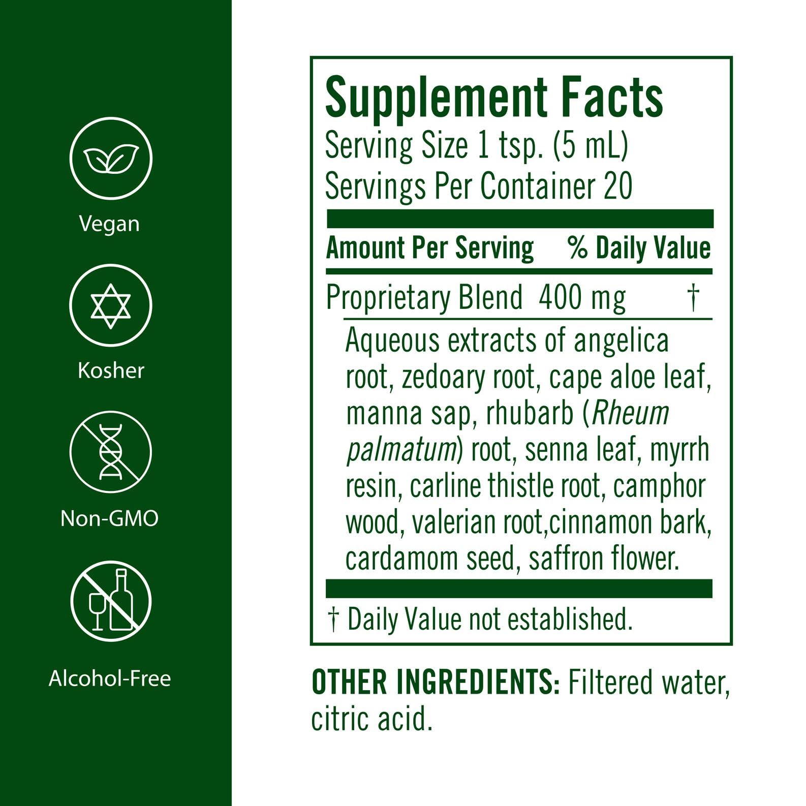 Flora Swedish Bitters ingredients closeup highlighting premium herbal blend for digestion support.