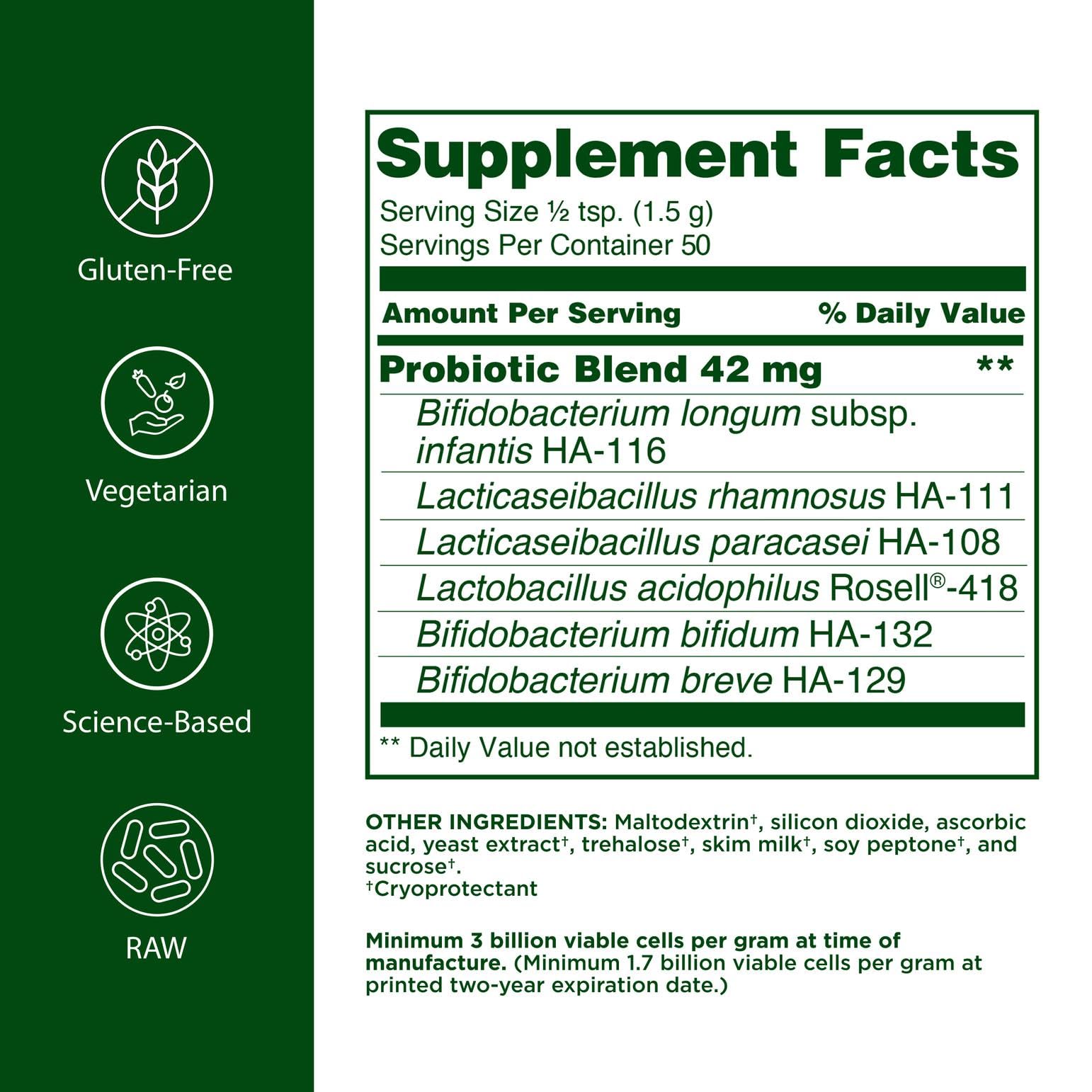 Flora probiotic powder dosing scoop beside the jar for easy daily use