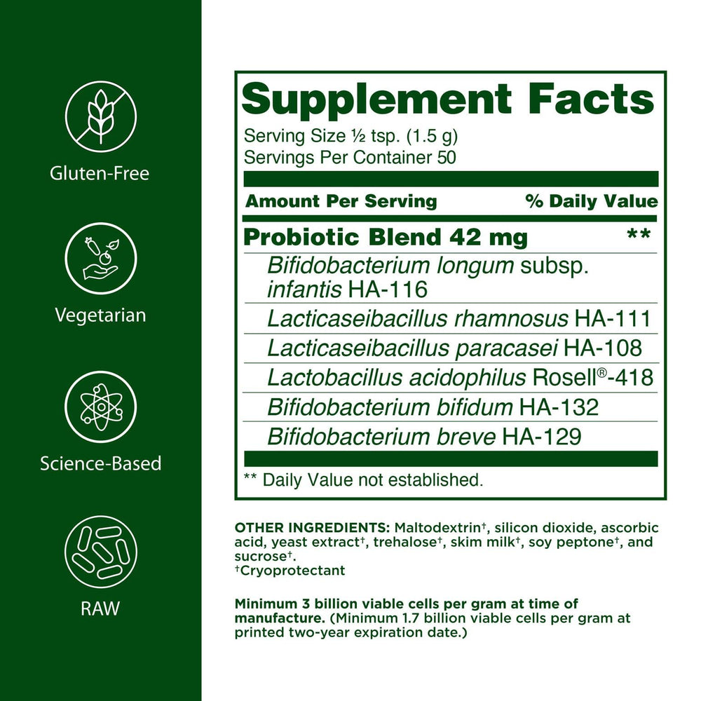 Flora probiotic powder dosing scoop beside the jar for easy daily use