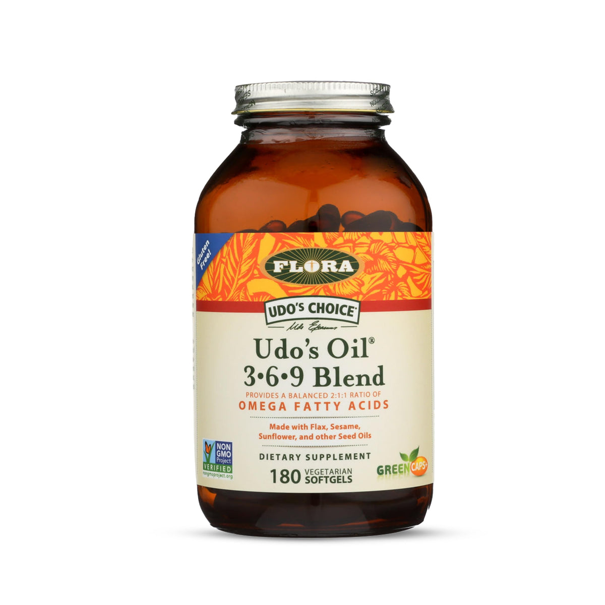 Flora Udo's Oil 3-6-9 bottle shows cold-pressed, balanced omegas for daily use.