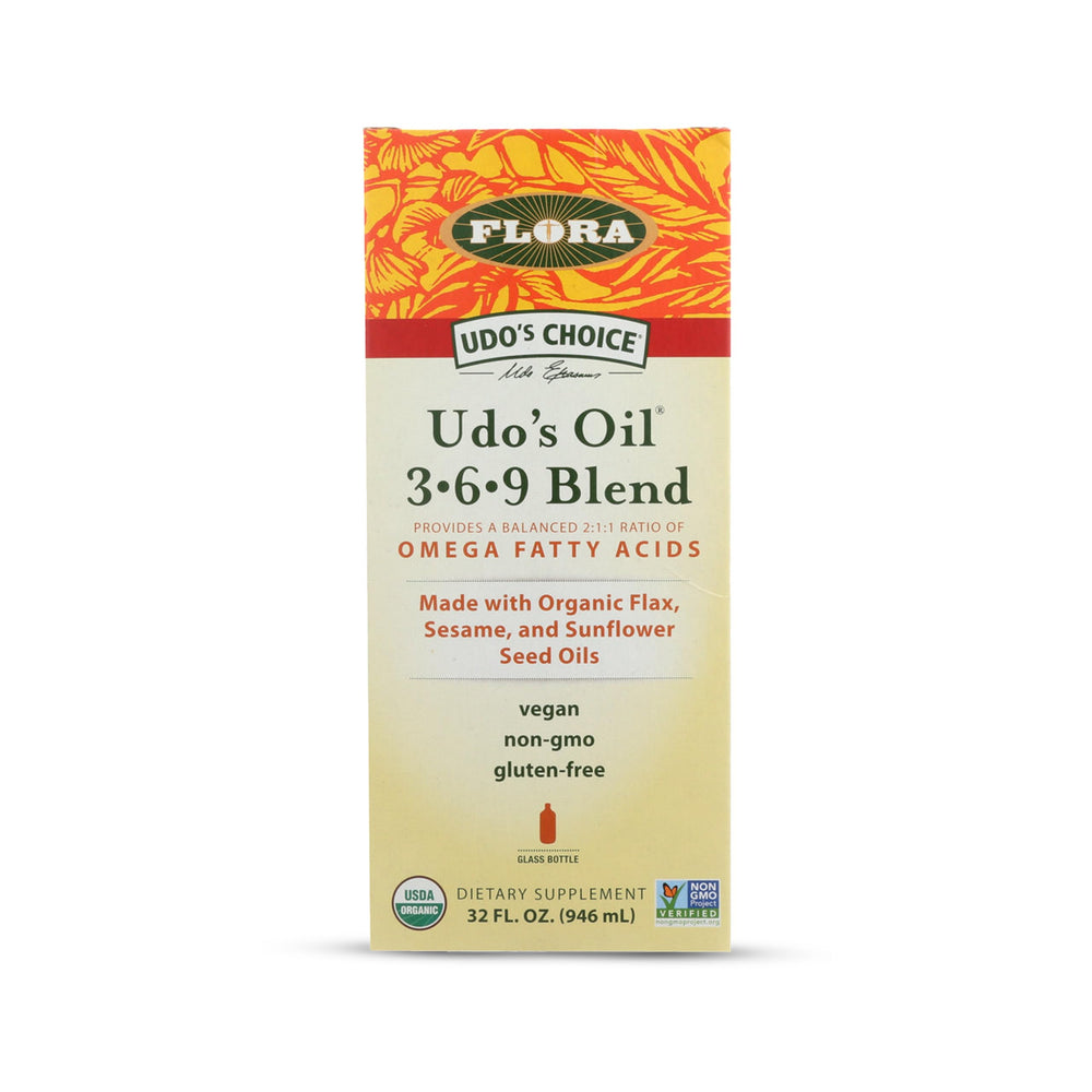 Flora UDO’s Oil Omega 3-6-9 bottle — plant-based essential fatty acids for daily balance
