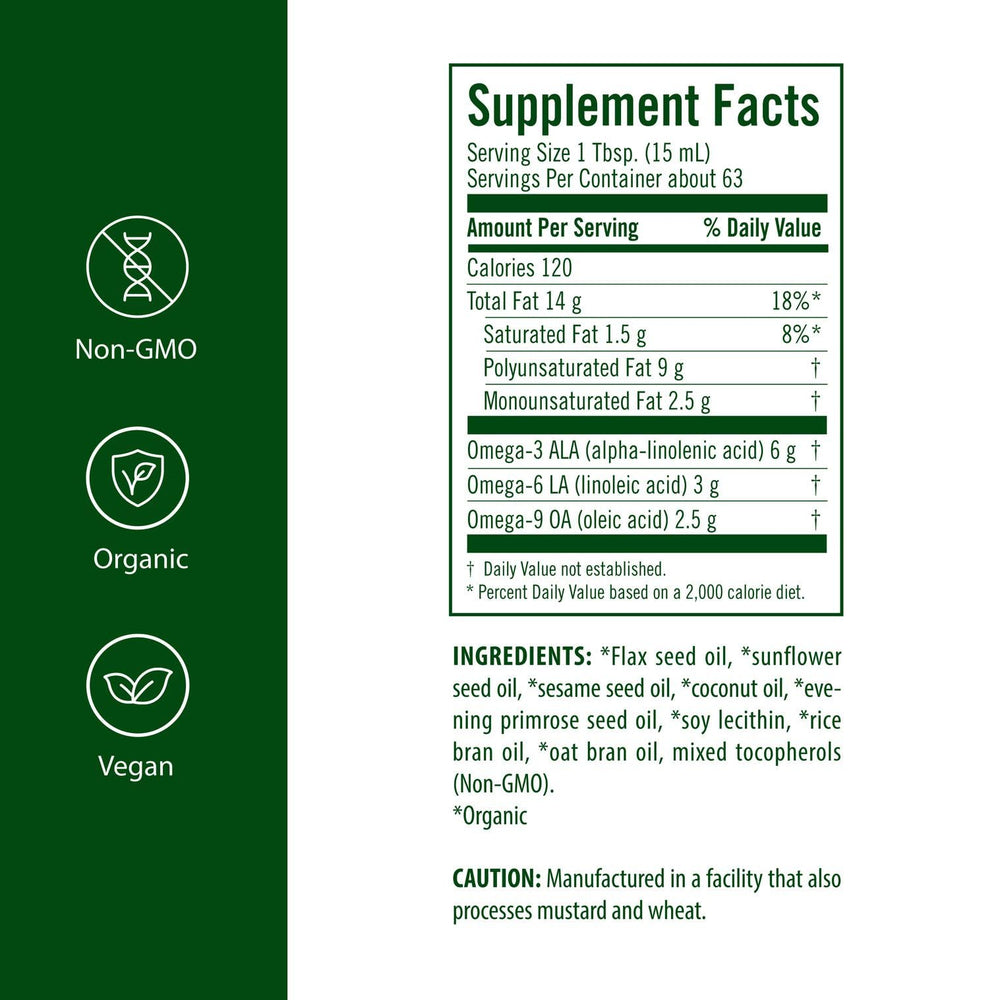 Flora UDO’s Oil Omega-3-6-9 label close-up showing organic cold-pressed purity