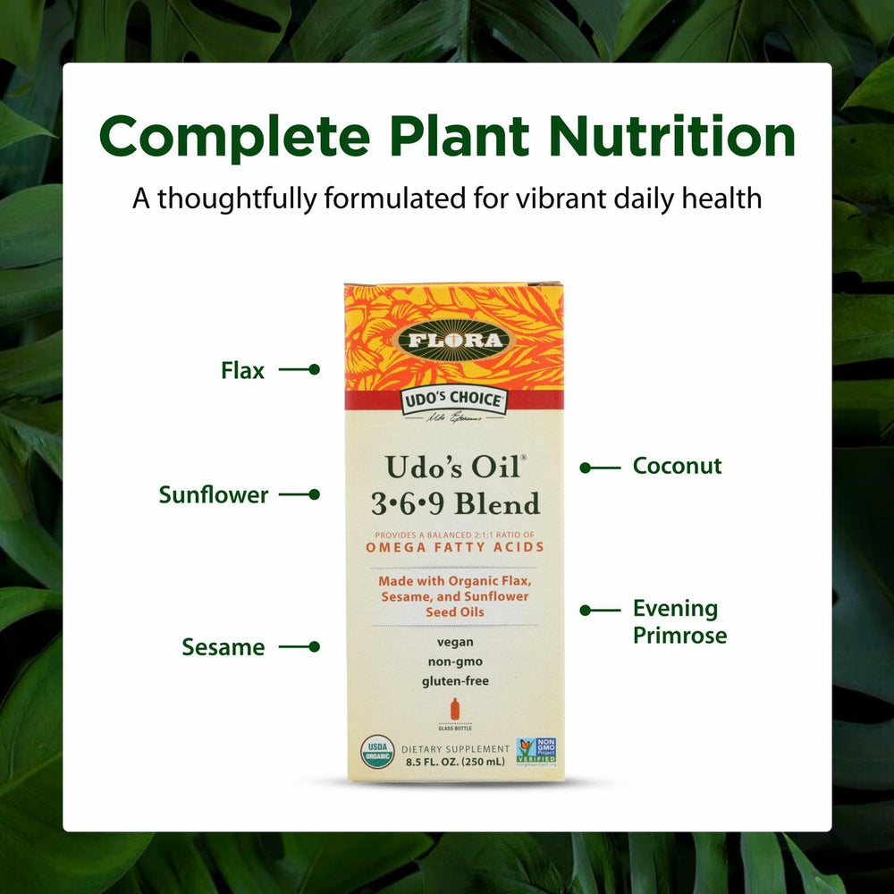 Ingredients spread highlighting flax, sesame, and sunflower oils for balanced fats