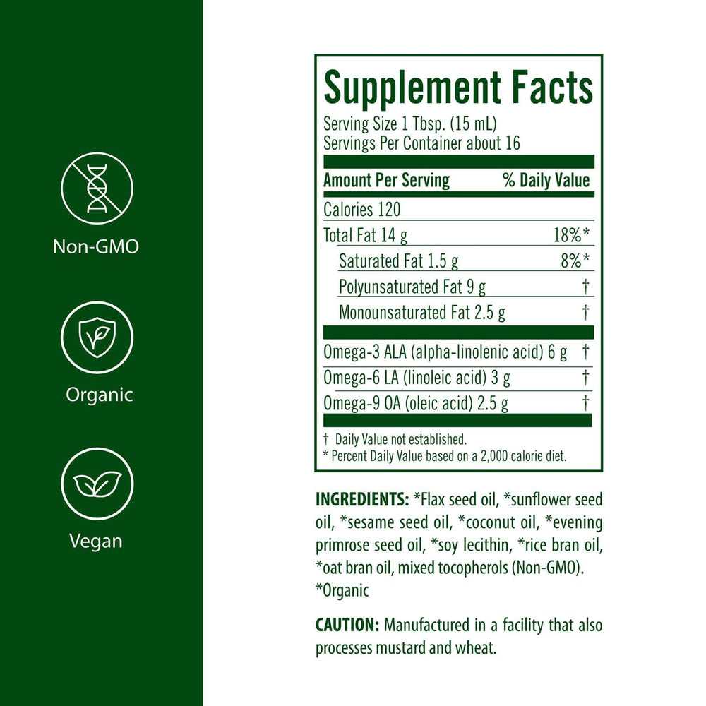 Label close-up shows organic ingredients for plant-based EFAs