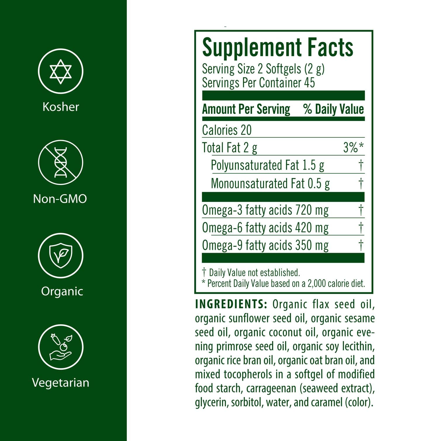 Flora Udo’s Oil 3-6-9 capsules jar, vegan and organic for daily use.