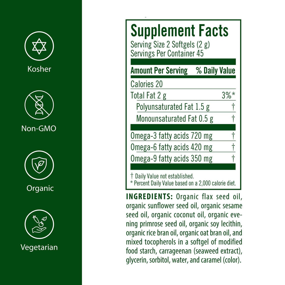 Flora Udo’s Oil 3-6-9 capsules jar, vegan and organic for daily use.