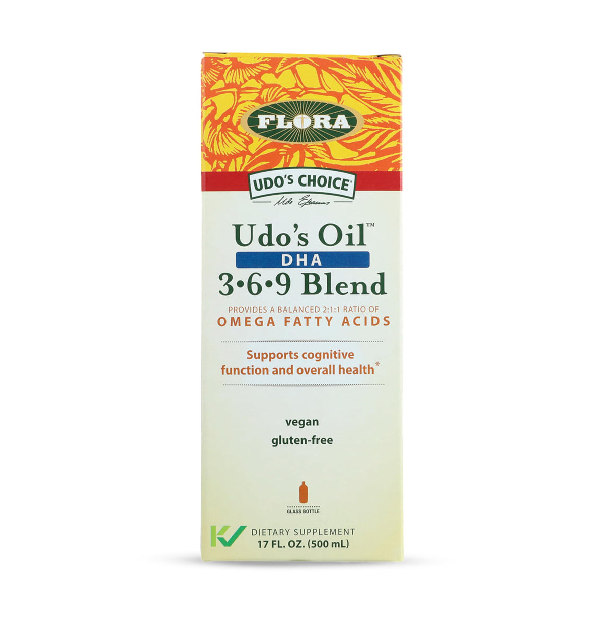 Flora Udo's Oil DHA bottle close-up highlighting vegan omega blend for brain and eye health