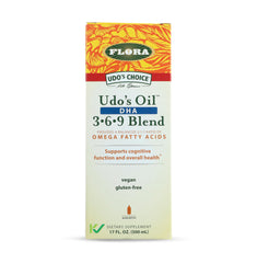 Flora Udo's Oil DHA bottle close-up highlighting vegan omega blend for brain and eye health